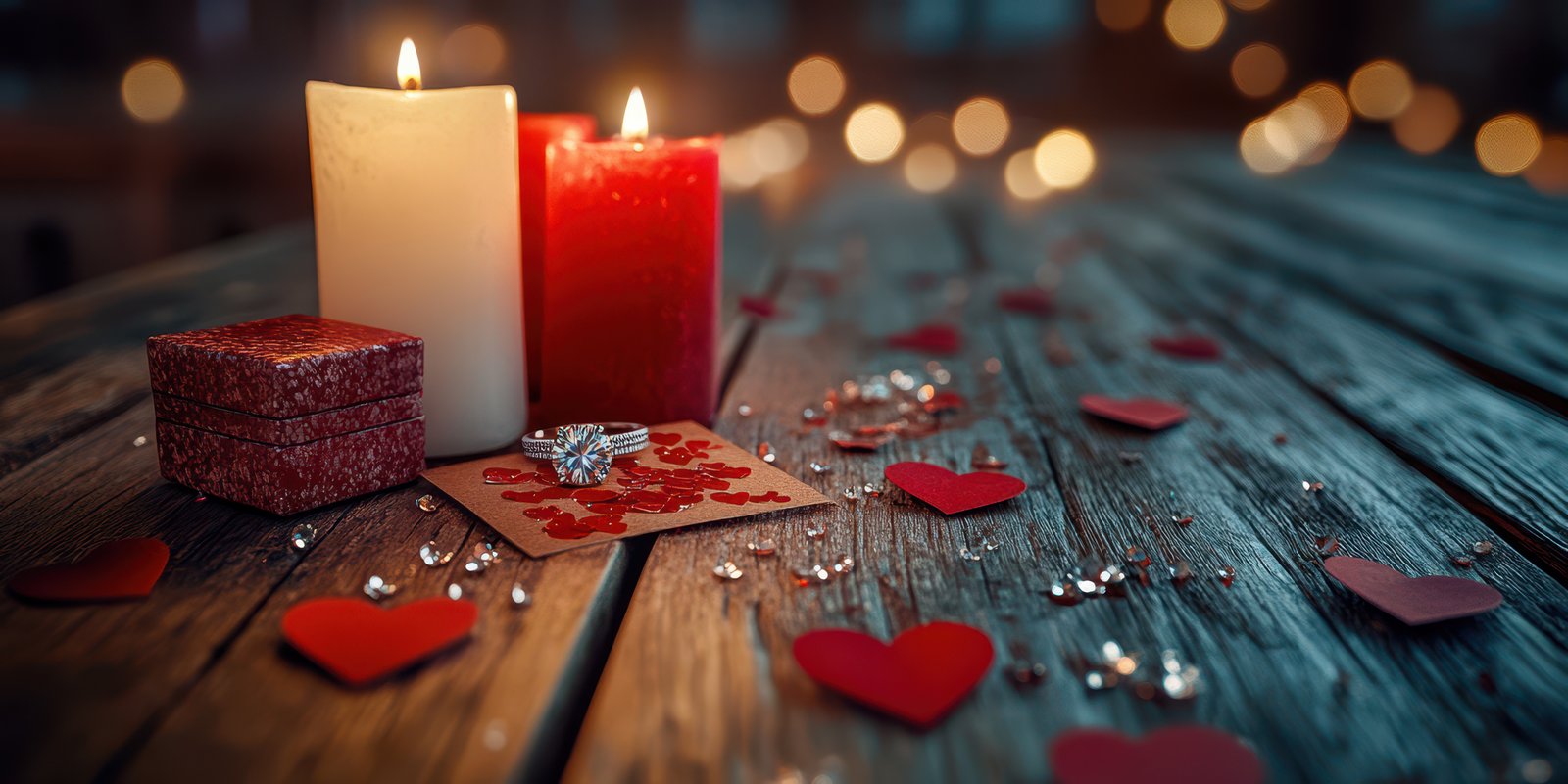 Romantic candlelight setup with hearts and decorations for an intimate celebration at night